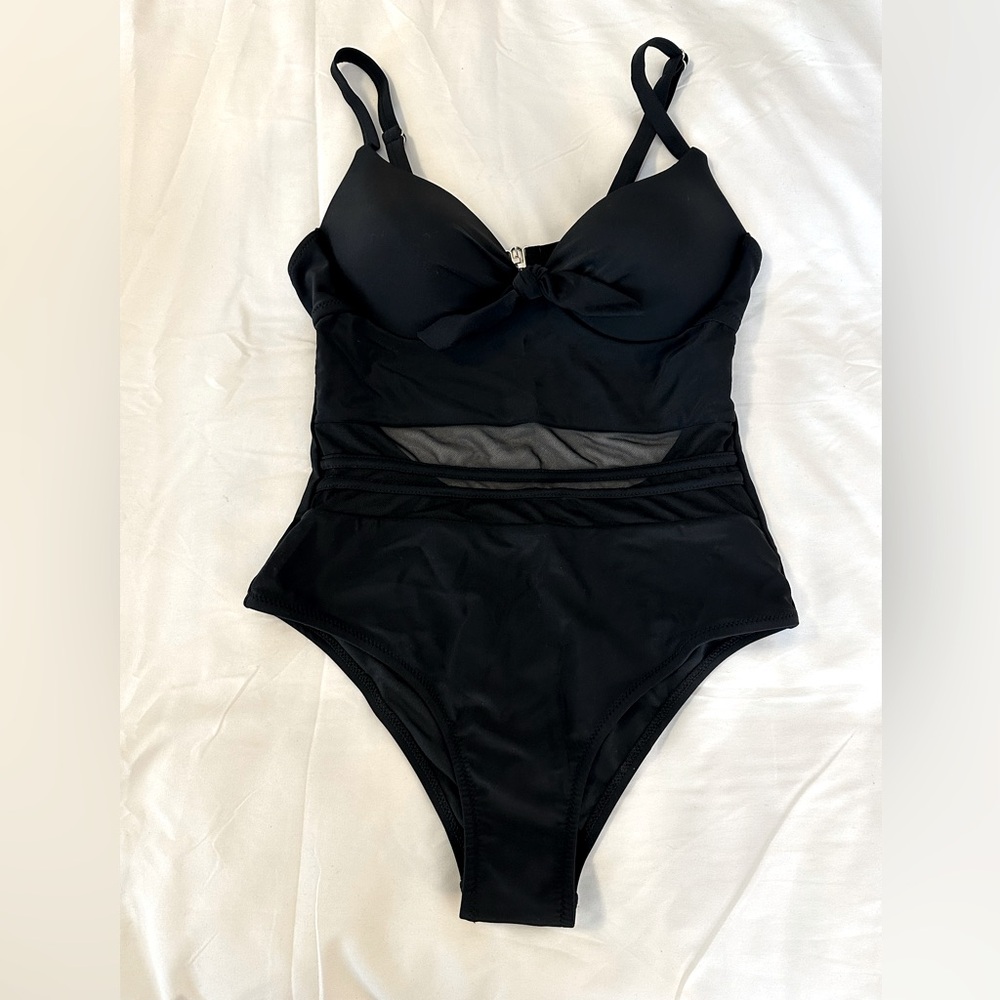 NWT - Beachsissi - Black Mesh Patchwork Knot tie One Piece swimsuit